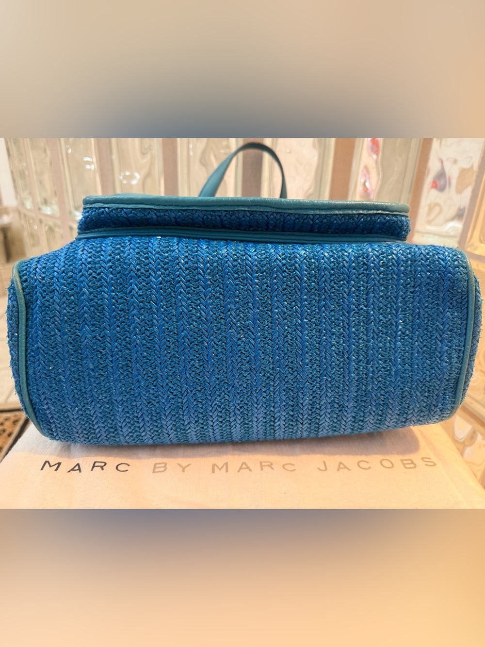 Marc by Marc Jacobs Hayley Straw/Leather Teal Blue Tote with Front Flap Pocket - Picture 9 of 17